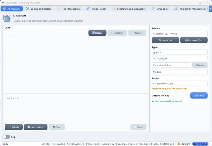 AI Assistant workspace showing technician chat and session controls